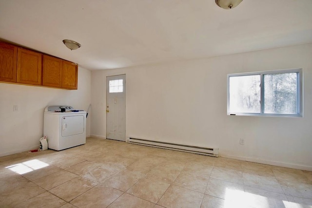 5 Plank Rd, Mongaup Valley, NY 12762 - washroom featuring a baseboard heating unit, light tile patterned floors, baseboards, and washer / clothes dryer
