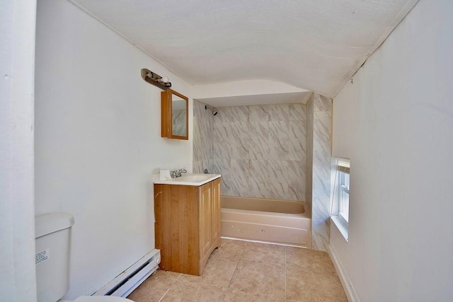 5 Plank Rd, Mongaup Valley, NY 12762 - bathroom with a baseboard heating unit, vanity, bathing tub / shower combination, tile patterned floors, and toilet