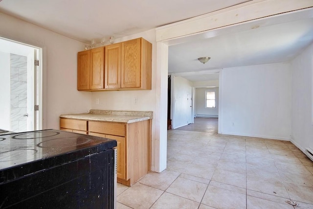 5 Plank Rd, Mongaup Valley, NY 12762 - kitchen featuring light tile patterned floors, black electric range oven, baseboards, and light countertops
