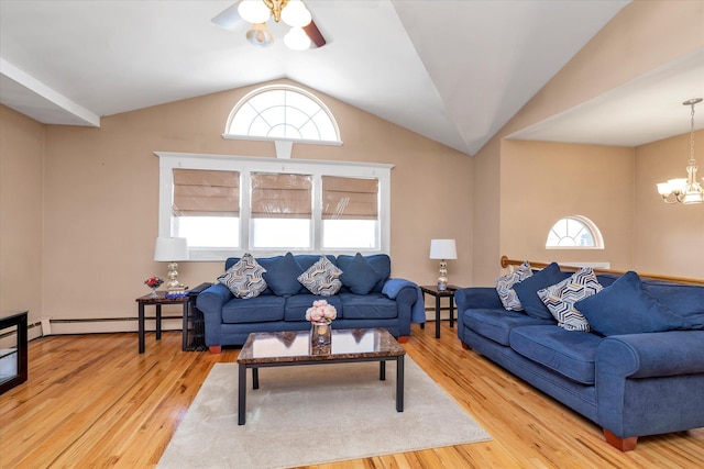 living area featuring lofted ceiling, wood finished floors, and baseboard heating