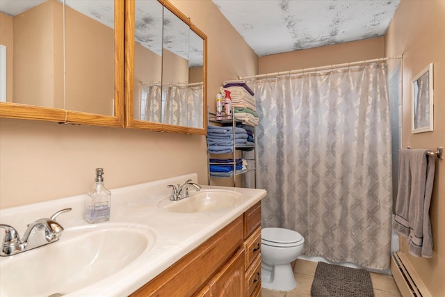 bathroom with tile patterned flooring, a sink, toilet, and a baseboard radiator