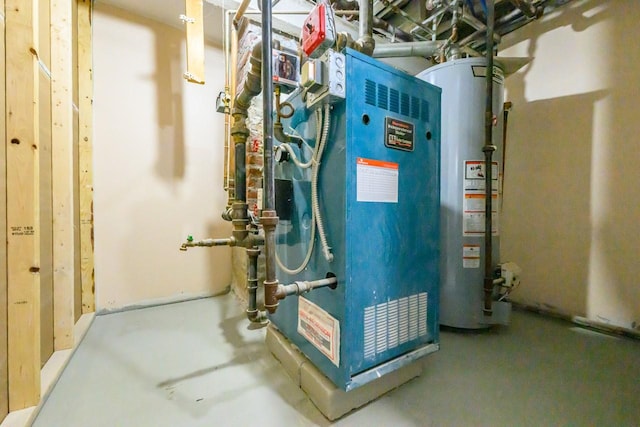 utility room with gas water heater and heating unit