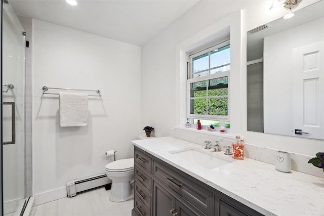 full bathroom with toilet, a baseboard heating unit, visible vents, vanity, and a shower stall