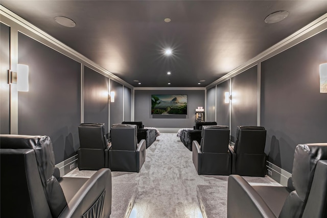 cinema featuring recessed lighting, a decorative wall, carpet flooring, and crown molding