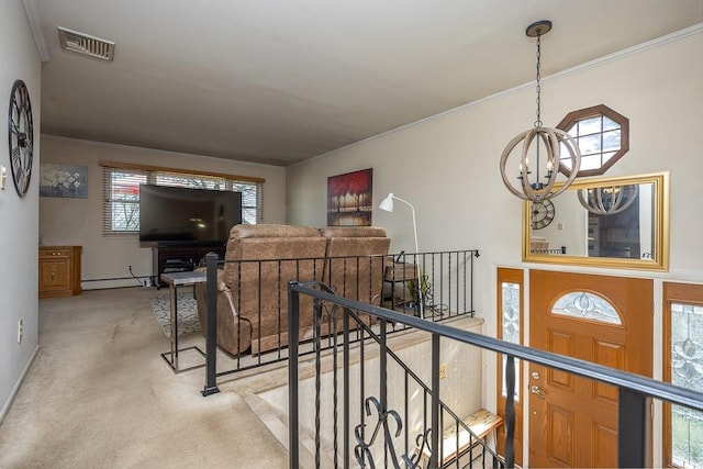 corridor featuring visible vents, an upstairs landing, a notable chandelier, crown molding, and baseboard heating