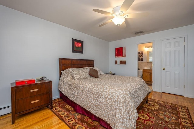 bedroom featuring visible vents, a ceiling fan, and light wood-style floors