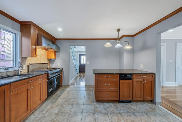 kitchen with wall chimney exhaust hood, a sink, gas range oven, crown molding, and backsplash