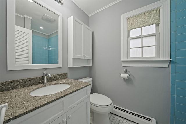 bathroom featuring tiled shower, toilet, crown molding, vanity, and a baseboard heating unit