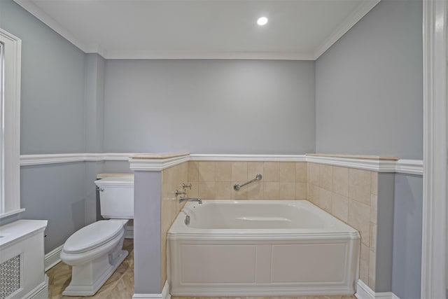 full bathroom with toilet, crown molding, and a bath