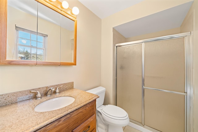 bathroom featuring toilet, a shower stall, and vanity