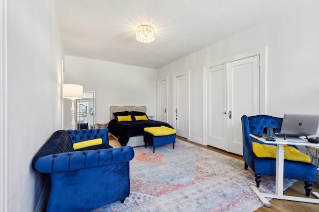 bedroom featuring wood finished floors and multiple closets