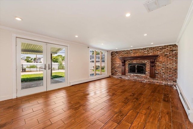 101 Jetmore Pl, Massapequa, NY 11758 - unfurnished living room with visible vents, wood finished floors, baseboard heating, and a fireplace