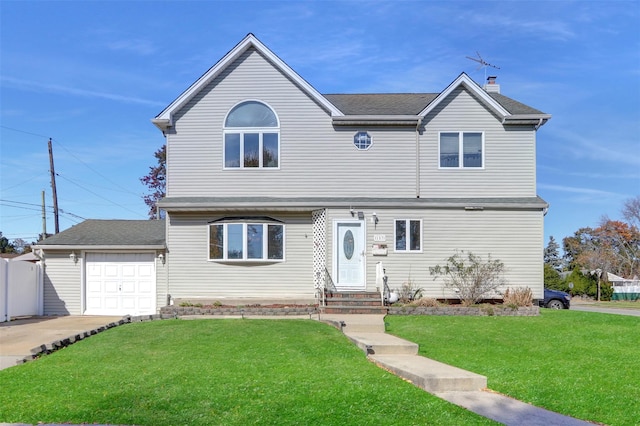 traditional-style house featuring entry steps, driveway, a chimney, and a front yard