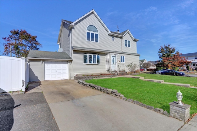 colonial home featuring a garage, fence, concrete driveway, and a front yard