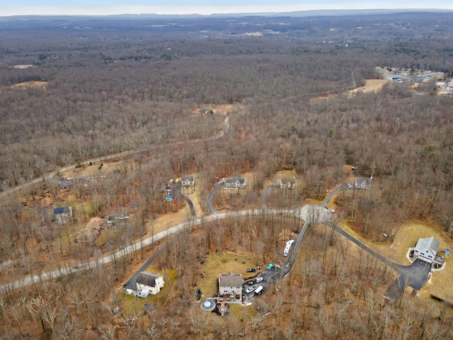 birds eye view of property featuring a forest view