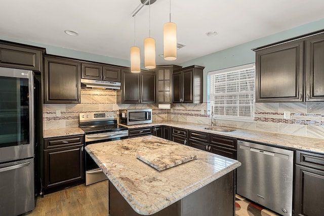 kitchen with under cabinet range hood, backsplash, appliances with stainless steel finishes, and a sink