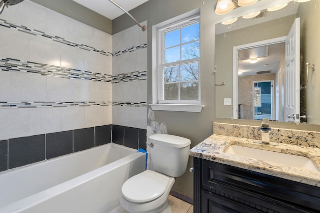 full bathroom with visible vents, vanity, toilet, and shower / bathing tub combination