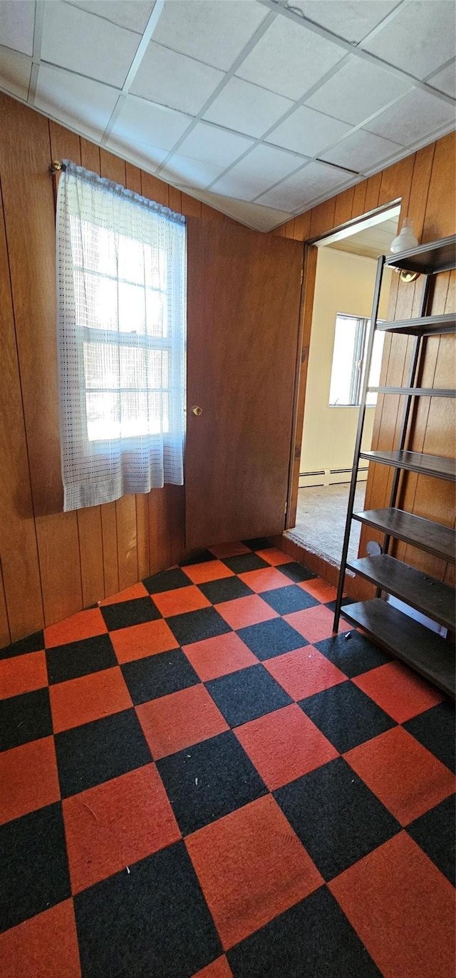 carpeted empty room featuring wooden walls and baseboard heating