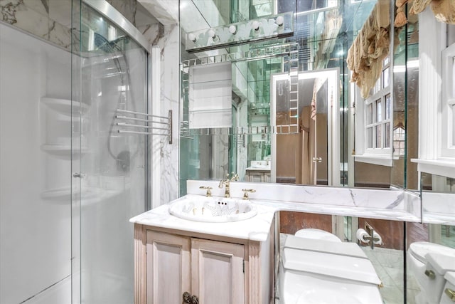 bathroom featuring vanity, a shower stall, and toilet