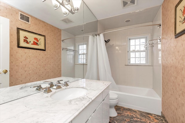 full bathroom featuring toilet, visible vents, and shower / bath combination with curtain