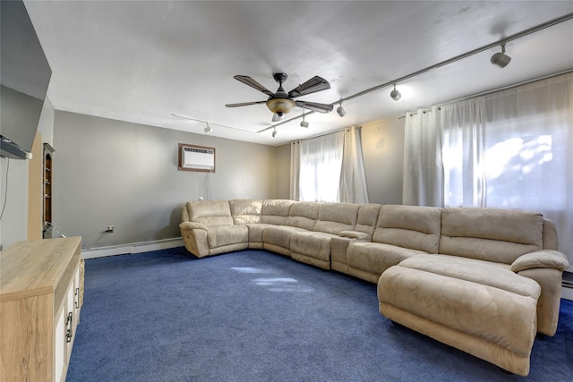 living room featuring carpet, a wall unit AC, a baseboard heating unit, a ceiling fan, and track lighting