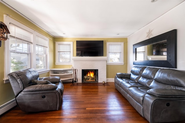 living area with baseboards, a baseboard radiator, wood finished floors, crown molding, and a brick fireplace