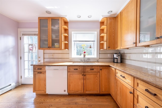 kitchen featuring a sink, a healthy amount of sunlight, open shelves, and dishwasher