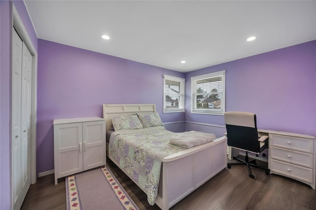 bedroom featuring dark wood-style floors and recessed lighting