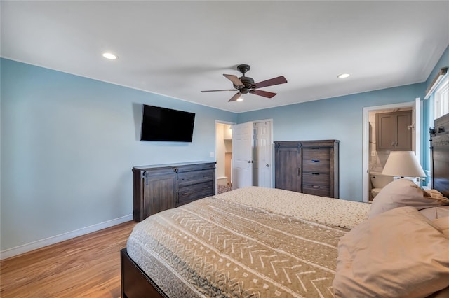 bedroom featuring light wood-style floors, recessed lighting, baseboards, and a ceiling fan