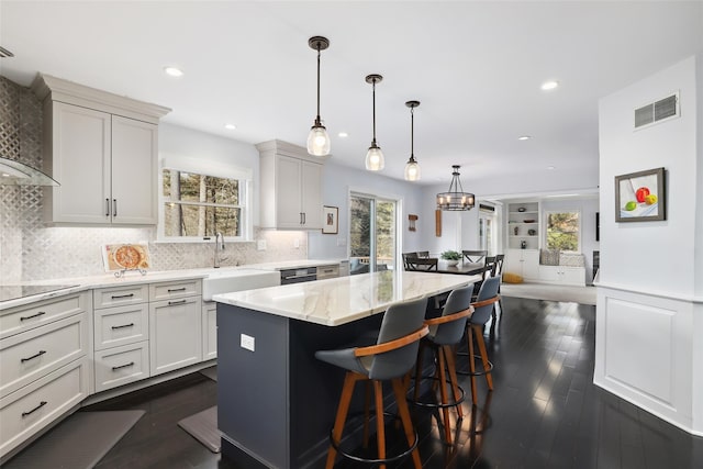 kitchen with a center island, dark wood finished floors, visible vents, a sink, and light stone countertops