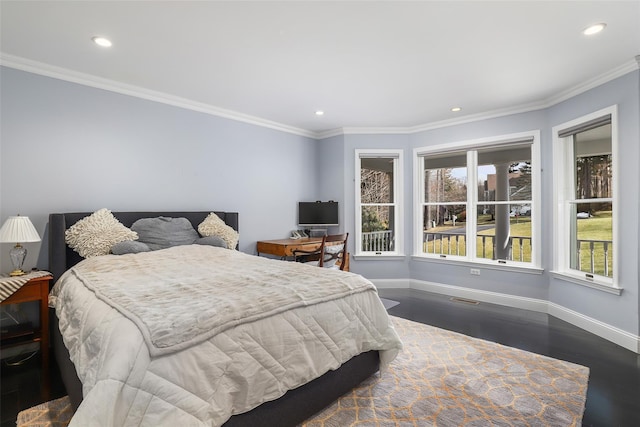 bedroom with recessed lighting, baseboards, dark wood-type flooring, and ornamental molding