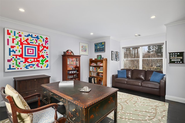 office with baseboards, ornamental molding, wood finished floors, and recessed lighting