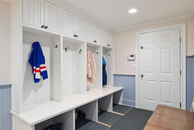 mudroom featuring dark carpet, crown molding, and wainscoting