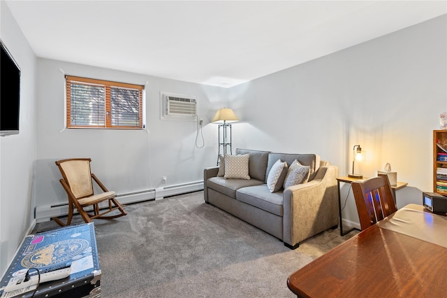 carpeted living area with a wall unit AC