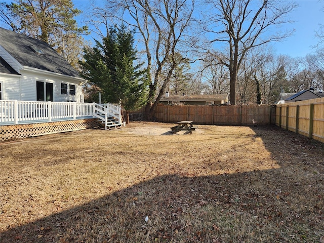 view of yard with a fenced backyard and a deck