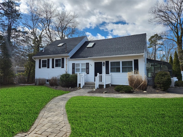 view of front of house featuring a shingled roof and a front yard