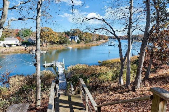 property view of water with a dock