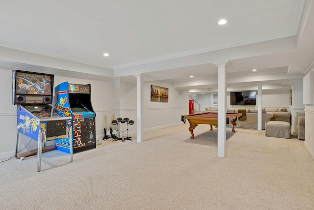 game room with carpet flooring, billiards, recessed lighting, and crown molding