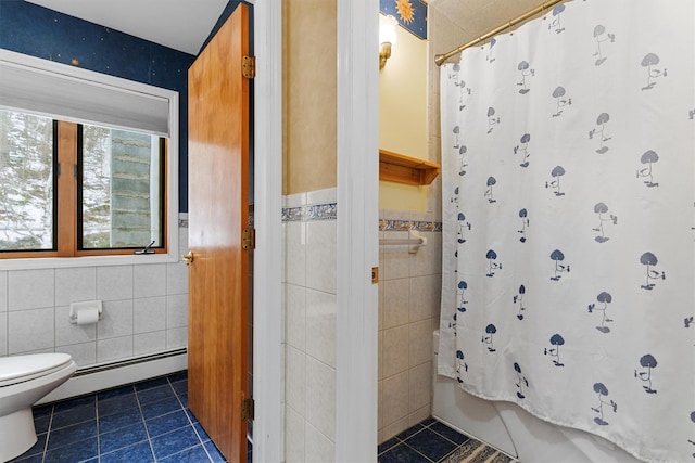 bathroom with tile walls, toilet, a baseboard heating unit, shower / bath combo, and tile patterned floors