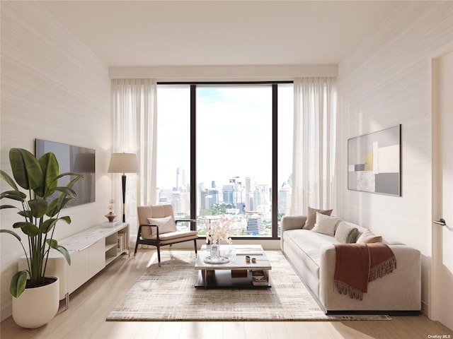 living area featuring light wood-type flooring, plenty of natural light, and a city view