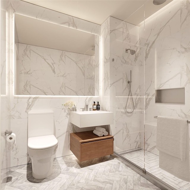 full bathroom with stone wall, a marble finish shower, and toilet