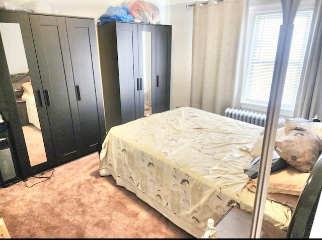 bedroom with radiator heating unit, multiple windows, and light colored carpet