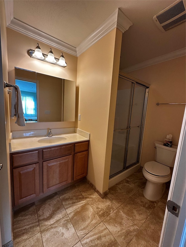 full bath with toilet, vanity, visible vents, a shower stall, and crown molding