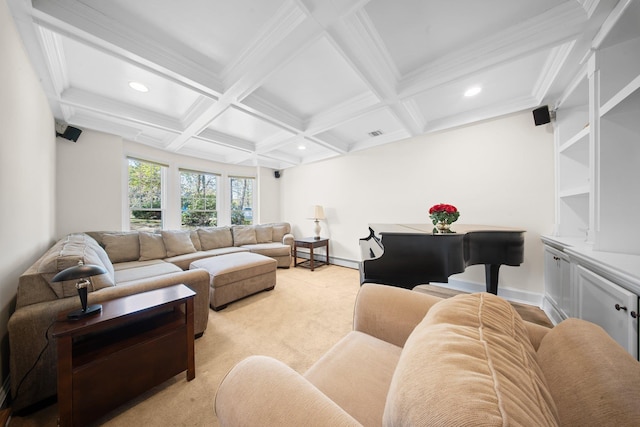 living area with baseboards, beamed ceiling, coffered ceiling, and recessed lighting