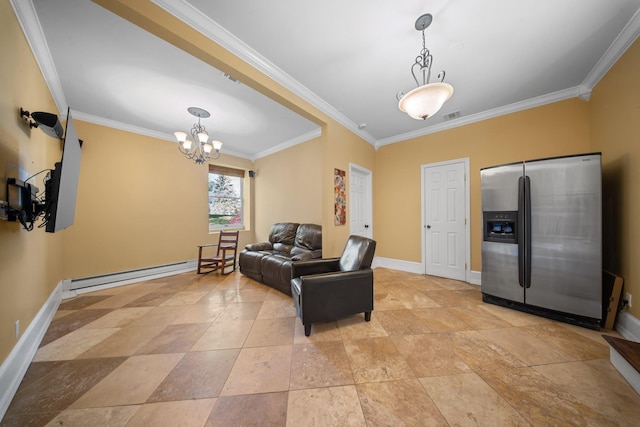 living area featuring baseboards, ornamental molding, a notable chandelier, and baseboard heating