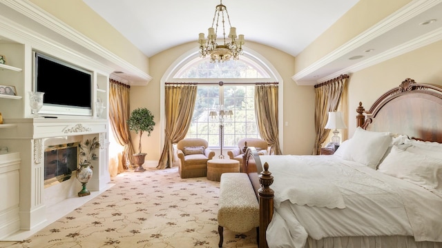 carpeted bedroom featuring an inviting chandelier, a premium fireplace, baseboards, and vaulted ceiling