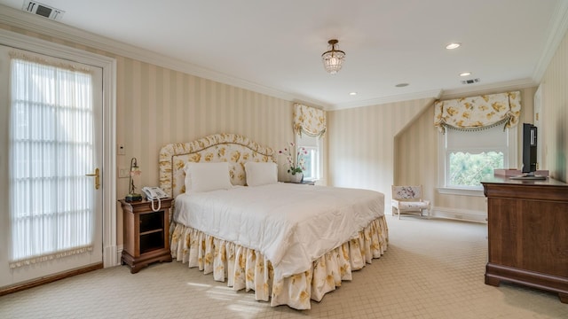 carpeted bedroom with wallpapered walls, baseboards, visible vents, and ornamental molding