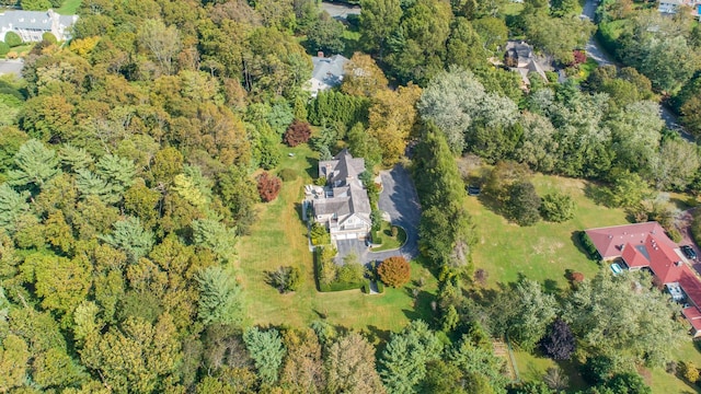 birds eye view of property featuring a forest view