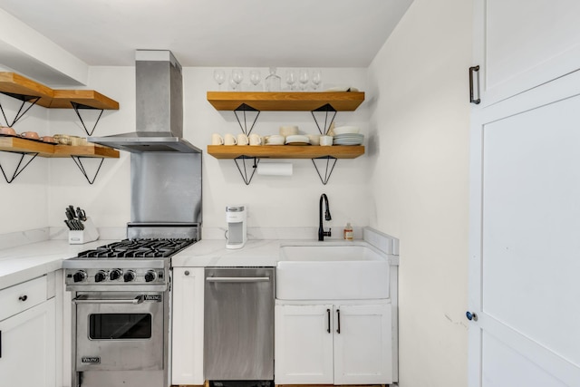4705 Henry Hudson Pkwy W Unit 7G, Bronx, NY 10471 - kitchen featuring stainless steel appliances, a sink, wall chimney range hood, and open shelves