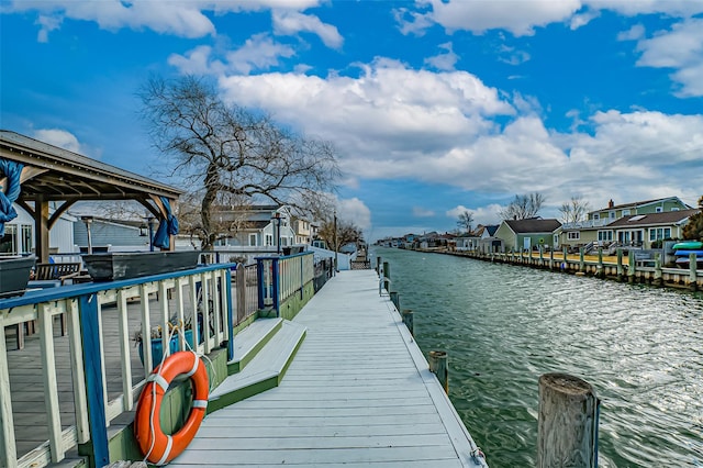 view of dock featuring a water view and a residential view